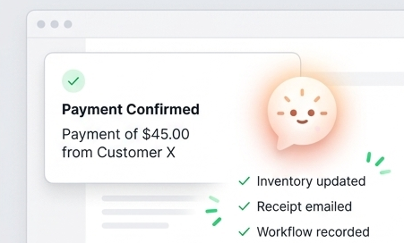 AI agent confirming a payment, updating inventory, emailing the receipt and recording the workflow